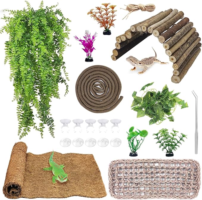 kathson Bearded Dragon Tank Accessories Kit, Reptile Hide Wooden Bridge Coconut Fiber Mat Hammock Jungle Climber Vines Leaves Tweezer and Plant Reptile Habitat Decor for Chameleon Lizards Gecko Snakes