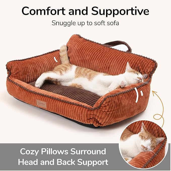 FUKUMARU Dog Couch Bed, Fluffy Corduroy Cat Beds for Indoor Cats with Washable Cover, Waterproof Small Dog Sofa Beds with Portable Handle and Anti-Slip Bottom, Pet Beds & Furniture 28inch, Orange