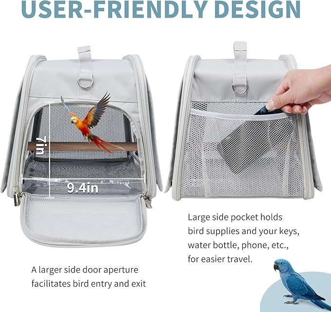 Small Bird Carrier Bag, Portable Travel Parrot Parakeet Carrier Cage with Perch and Easy Clean Tray, Lightweight Bird Backpack for Vet Visit Shopping and Outdoor Adventure