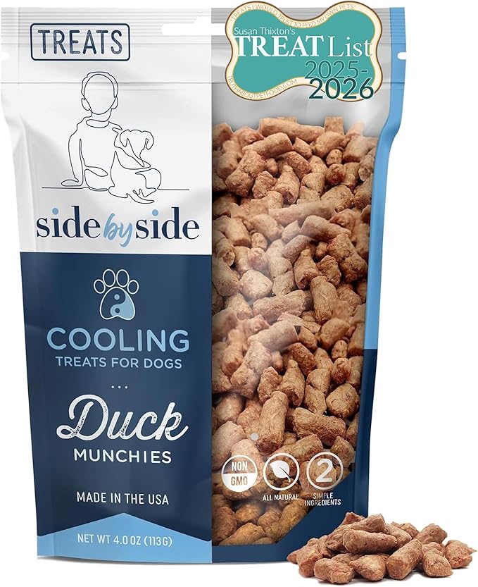 Side by Side Duck Munchies - Cooling Freeze-Dried Dog Treats - Ideal Dog Training Treats, Snack or Reward - Made of Whole Raw Ingredients, Free of Artificial Additives - USA Made (4oz., Pack of 2)