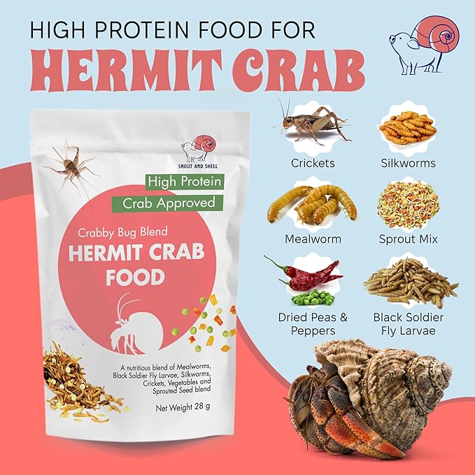 Crabby Bug Blend Natural Hermit Crab Food – Crickets, Mealworms & Sprouted Veggies – 28g – Snout and Shell