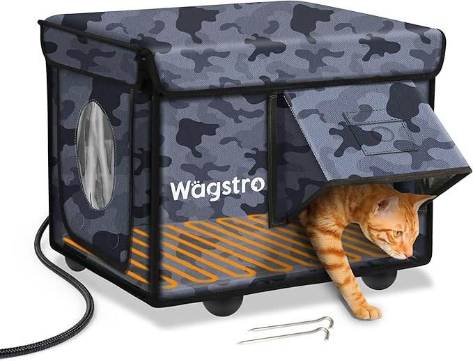 Heated Cat House for Outside, Waterproof Awning & Escape Door Heated Cat Houses for Indoor/Outdoor Cats in Winter, Elevated & Insulated Outdoor Cat Shelter for Feral Cat(Black Camo, 16.5"x12.6"x13")