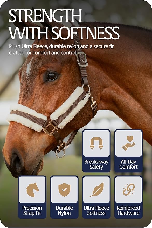 Equinavia Valkyrie Ultra Fleece Breakaway Horse Halter | Padded Fleece Adjustable Safety Halter with Nylon Webbing - Brown/Ivory White - Warmblood