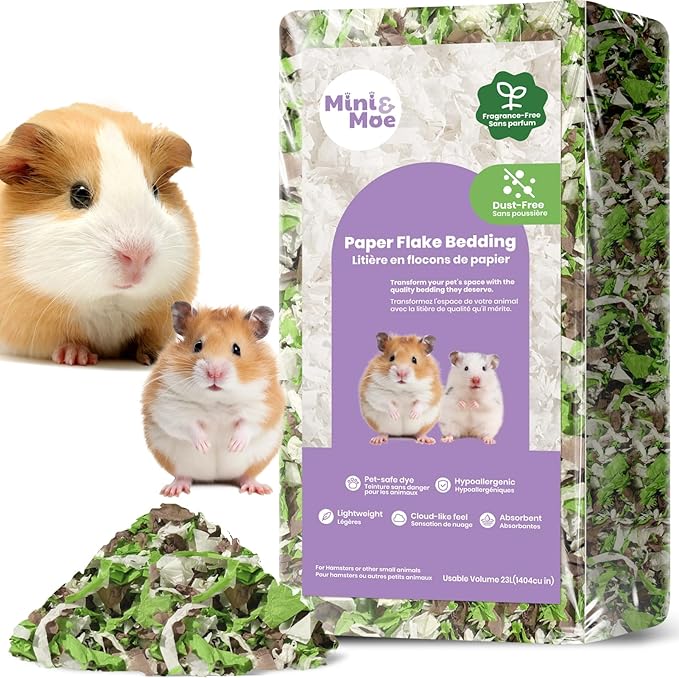 mini&moe Hamster Bedding 25 Liters: Hamster Bedding Dust-Free and Odor Control Moisture Absorbent Natural Paper Small Pet Bedding - for Guinea Pigs, Hamsters, Rabbits, and Small Animal