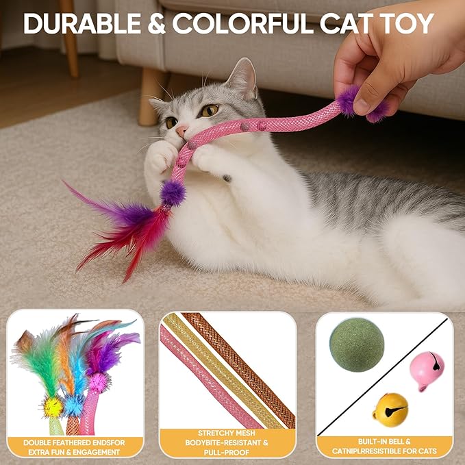 Interactive Cat Toys for Indoor Cats with Catnip – 1 Pack Feather Elastic Mesh Catnip Chew Toys with Bells and Pom-Poms, 19.5 Inch Durable Kitten Teething Toy Bundle