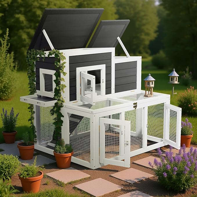 Outdoor Rabbit Hutch, Bunny Cage, Chicken Run Coop Wooden Quail Cage Duck Coop with Ventilating Wire Poultry House for Small Animals (Gray+Black)