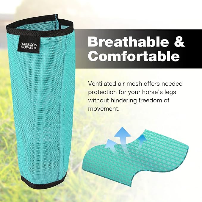 Harrison Howard Loose Fitting Fly Boots UV-Protective Extra Tough Mesh Ventilated Four Fasteners Stay-on Design Protect Horse Legs & Stomp-Reducing Set of 4 Mint Medium