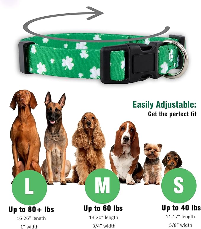 Native Pup St Patricks Dog Collar- Saint Patrick Green Shamrock Pet Collars- St. Patrick’s Lucky Irish- Cute Boy Girl Puppy Gift- Adjustable for Small, Medium, Large Breeds (Lucky Shamrock, Medium)