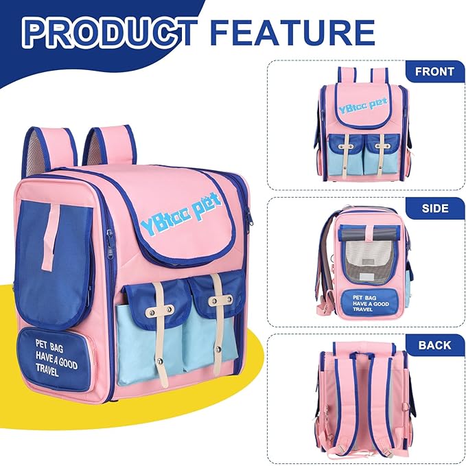 Pet Backpack Carrier, Portable and Ventilated, Oxford Cloth, Dogs Cats and Small Animals Travel Bag 13.39", (Pink, Blue, 1 Pcs), Intended for Hiking/Camping/Traveling