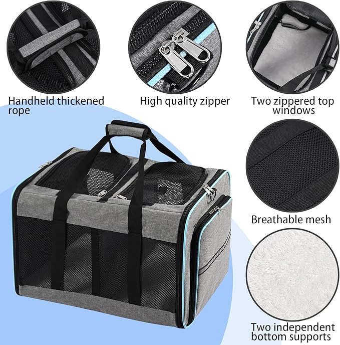 Portable 2-in-1 Pet Carrier,Double Compartment Cat & Dog Carrier for 2 Cats,Expandable Medium Dogs Large Cat Carrier with Sturdy Base,Breathable,Good for Traveling Walking Camping（Blue）