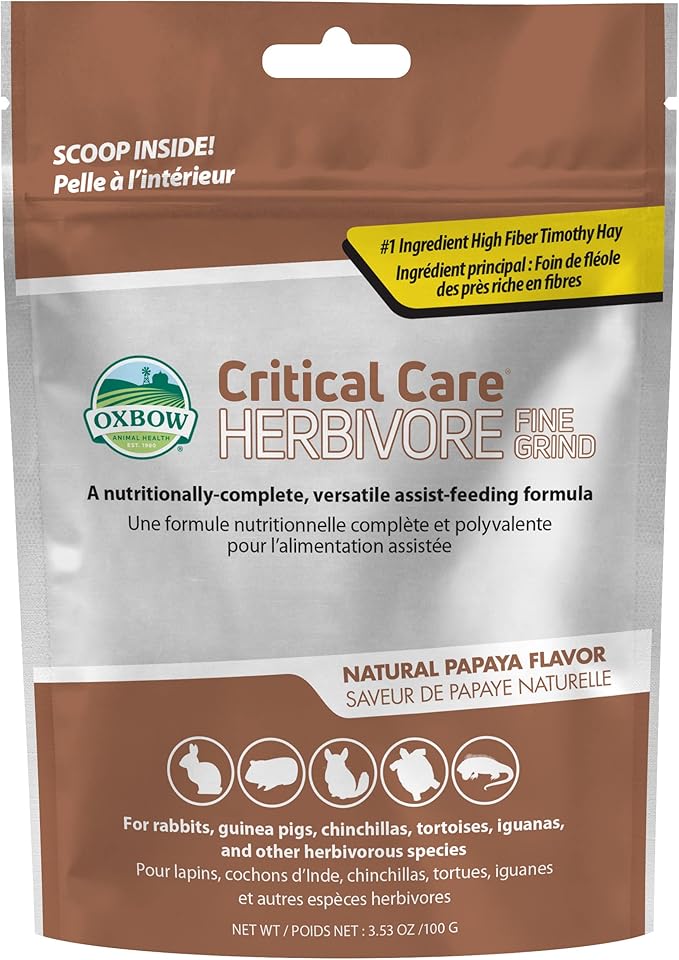 Oxbow Critical Care Herbivore, Fine Grind, Emergency Rabbit & Guinea Pig Food, Made with Timothy Hay, Natural Papaya Flavor, Veterinary Formula, Assist Feeding Formula for Pets, 100 gram bag
