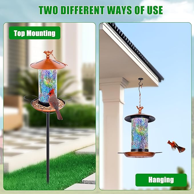 Ottsuls Solar Bird Feeder for Outdoors with Pole, Luxury Mosaic Glass Metal Vintage Lantern Standing, Pretty Garden Gift for Birthday Women, Men, Mom, Dad,Grandma