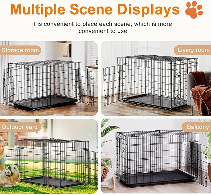 FDW XL Dog Crate 48inch Dog Cage Foldable Metal Kennel with Leakproof Tray Foldable Design Indoor Outdoor Use for Extra Large Dogs,Black