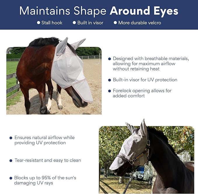 Horse Fly Mask with Nose Cover and Ears - 95% UV Eye Protection - Built-in Visor - Breathable, Lightweight Mask - Adjustable Fit for Comfort Horse Medium/Large Size