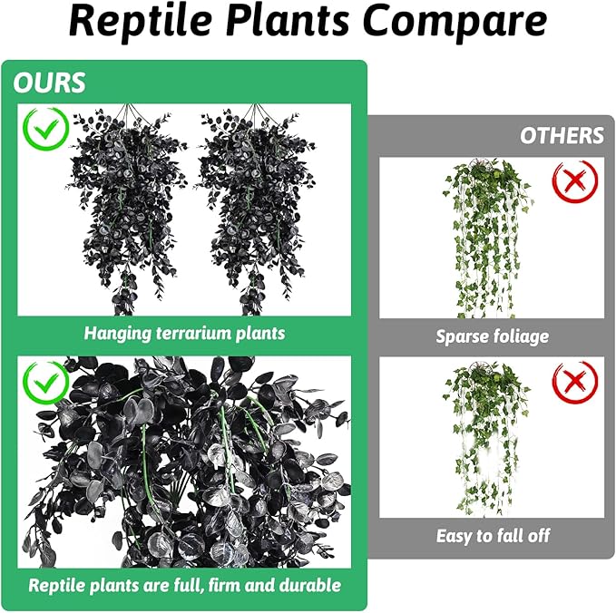 Hamiledyi 4 PCS Reptile Plants, Hanging Terrarium Plants, Artificial Leaves Habitat Decorations with Suction Cup, Fake Amphibian Plants for Bearded Dragon Lizard Hermit Crab Geckos Chameleon(Black)