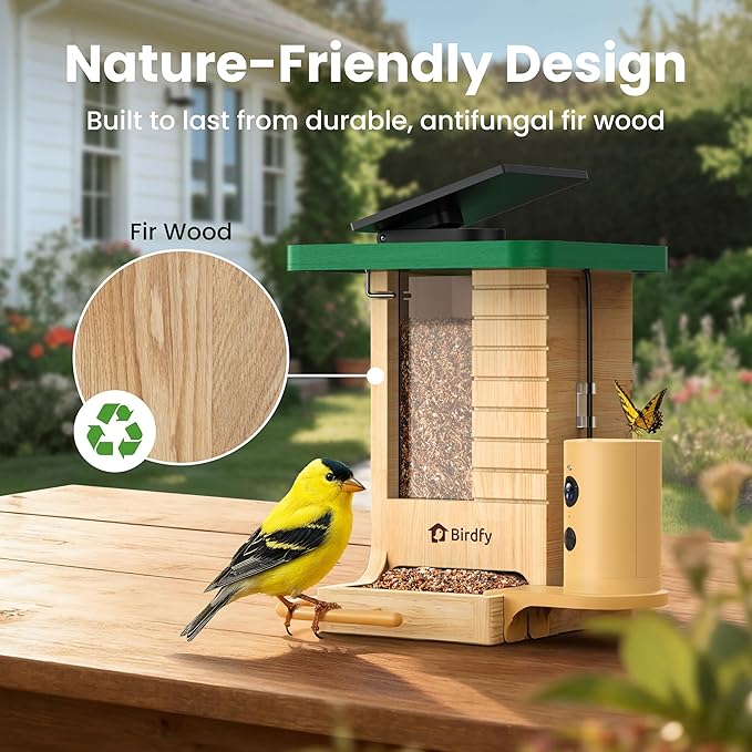 Birdfy Smart Bird Feeder with Camera Solar Powered, Night Insight & Slow-Motion Video for Outdoors & Backyard Birds Watching, AI Identify 6000+ Species by Subscription, Wood