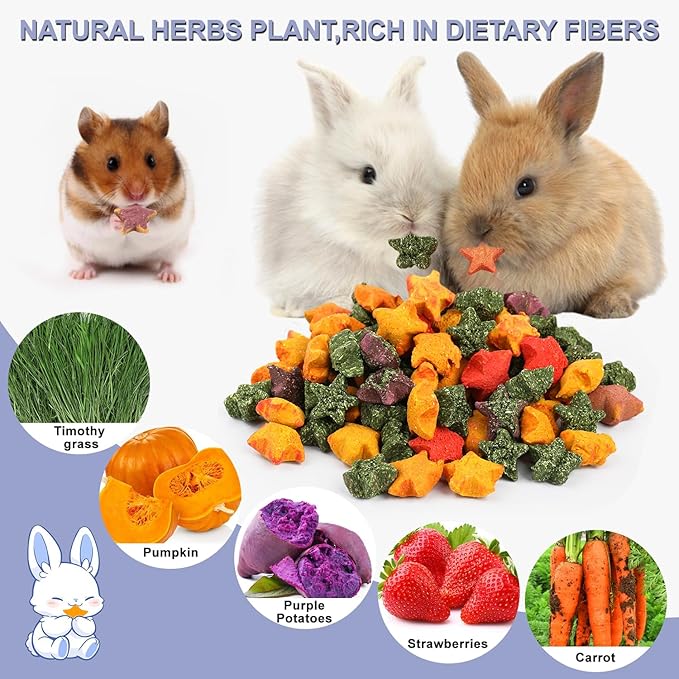 Abizoo Rabbit & Guinea Pig Treats, Crunchy Mini Star Chew Toys with Timothy Hay Carrots Pumpkin for Digestion and Enrichment, High-Fiber Healthy Snacks for Rabbits Chinchillas Guinea Pig Hamster