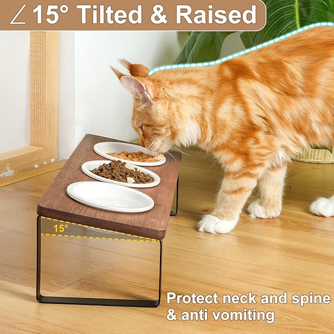 Sunhoo Elevated Cat Bowls for Indoor Cats Raised Tilted Food Water Kitty Dish Stand with 6 Ceramic Bowl Set Orthopedic Wooden Pet Feeder Feeding Sation Reduces Vomiting 4.7in Easy Assembly(Brown)