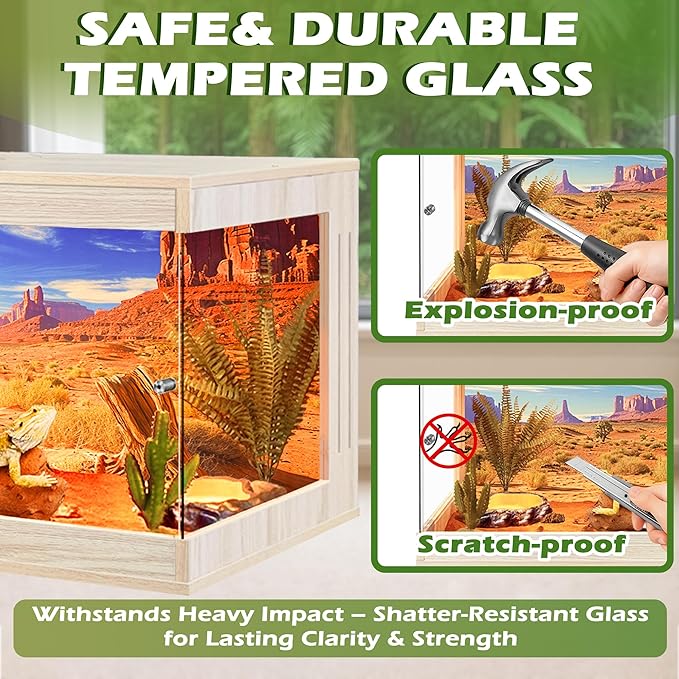 Royxen Tempered Glass Reptile Enclosure,Reptile Tank with Wooden Mesh Top and Lockable Design,61 Gallon Bearded Dragon Tank for Lizard Gecko Tortoise Snake Habitat,40" x 20" x 20",Oak