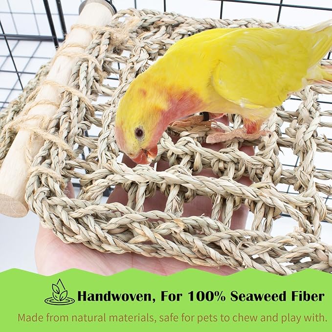 FlidRunest Bird Perch Platform Swing with Climbing Ladder, Parrot Chewable Natural Seagrass Woven Hammock, Parakeet Cage Accessories Playing Gyms Exercise Sturdy for Cockatiels, Lovebirds, Budgies