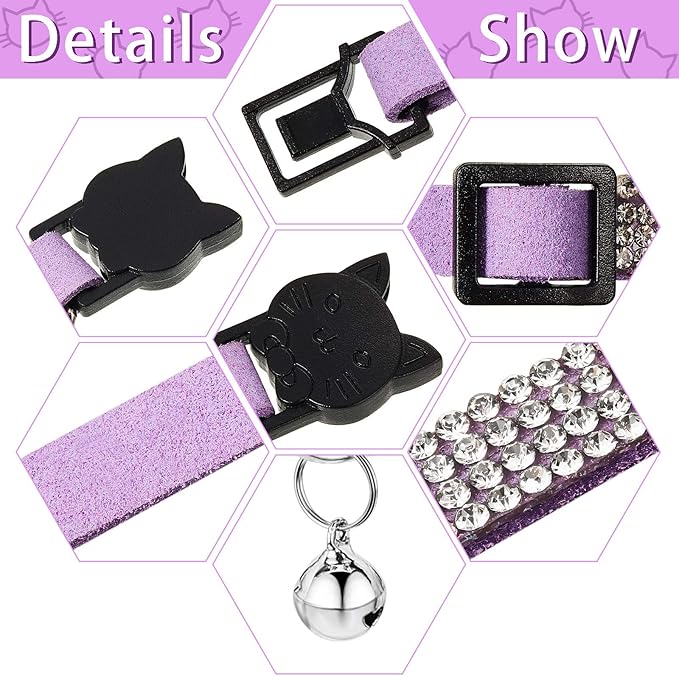 Weewooday 4 Pieces Rhinestones Cat Collars Breakaway Cat Collar with Bell Bling Pet Accessories with Soft Velvet, 4 Colors(S,Purple, Blue, Gold, Pink)