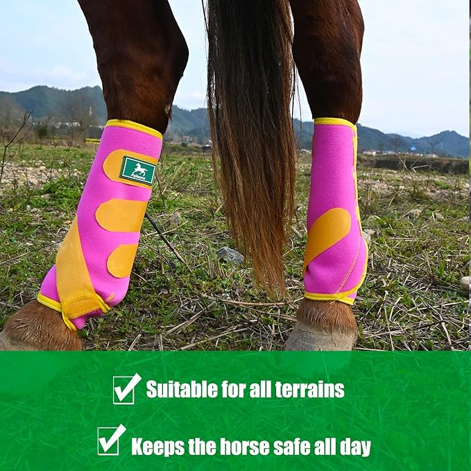 Equine Sport Horse Boots Set of 4 – Neoprene Leg Protection with Durable Hook & Loop Straps, Breathable & Comfortable Fit for Training, Riding, and Performance（Pink, Large）