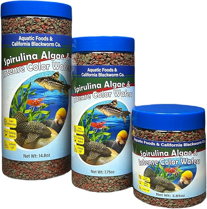 Aquatic Foods Inc. 3.5mm - 1/8" Small Sinking Wafers of Spirulina, Algae & Color Enhancing Wafers for Bottom Fish, Shrimp, Snails, Tropicals. 4-Type Wafer & 12-Type Pellets Included 12oz Canister