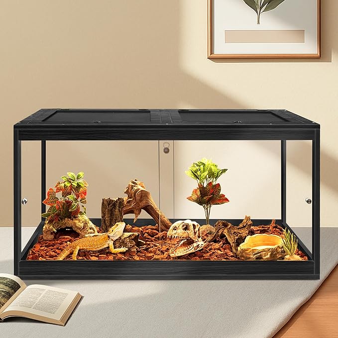 PROLEE Bearded Dragon Tank,34 Gallon Reptile Tank with Meatl Mesh Roof and Front Sliding Door,Lizard Tank,Spacious Reptile Enclosure for Snakes,Lguanas, Chameleons (Black)