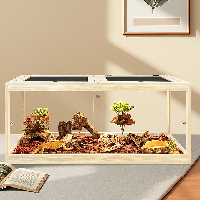 Tempered Glass Bearded Dragon Tank 81 Gallon, Lizard Tank, Reptile Tank with Metal Mesh Roof Door, Snake Tank with Lock Design, 48" Long, Oak