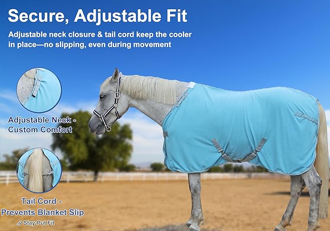 Horse Fleece Cooler, Blanket Liner - 300g Anti-Pilling Fleece, Moisture-Wicking, Cooling & Drying for Post-Workout, Bath & Travel, Prevent Overheating & Chilling Lightblue 66