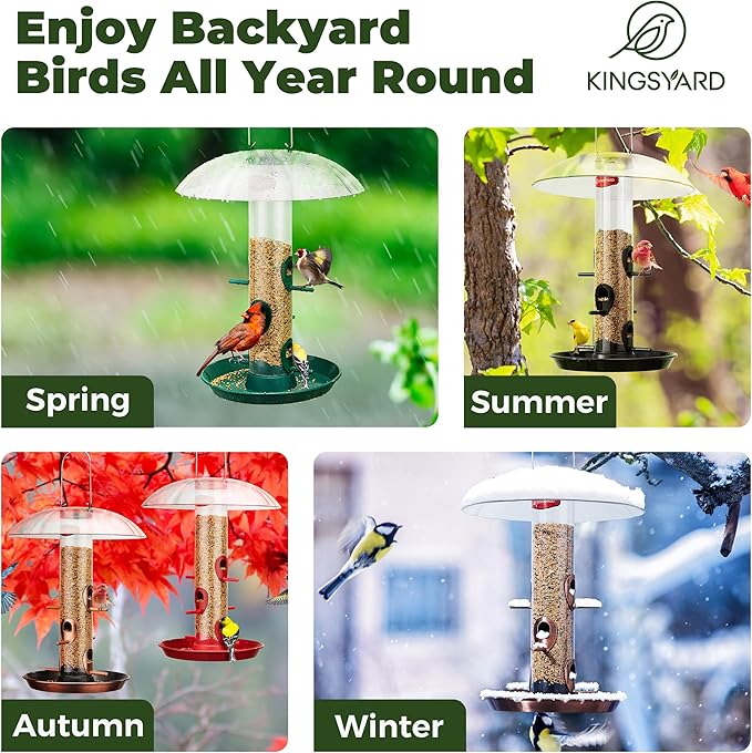 Kingsyard Metal Bird Feeders for Outdoors Hanging, Wild Bird Feeder for Finch Cardinal, Large Tray and Rainproof Dome, 2 lbs Seeds Capacity (Drak Green)