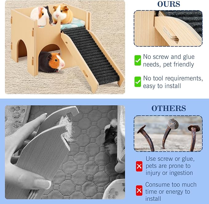 Pawaboo Guinea Pig and Hamster House, 2-in-1 Guinea Pig Hideout with Stairs and Cushion, Sturdy Wooden Hamster Castle Easy to Assemble, Detachable Small Animal House Bed Hut Habitats with Ramps