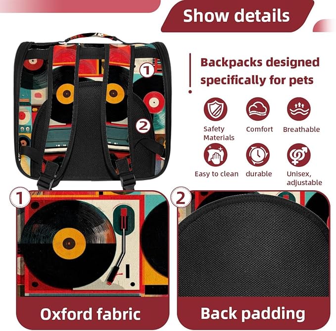Color Record Player Pattern Traveler Backpack Pet Carriers for Cats and Dogs