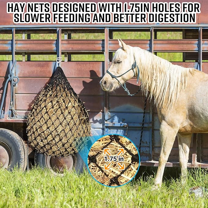 2 PCS Slow Feed Hay Net,36 Inch Length Hay Nets for Horses, Goats,Sheep,Donkey,Premium PE Material Hay Feeder Net Easy to Hang with Top Drawstring