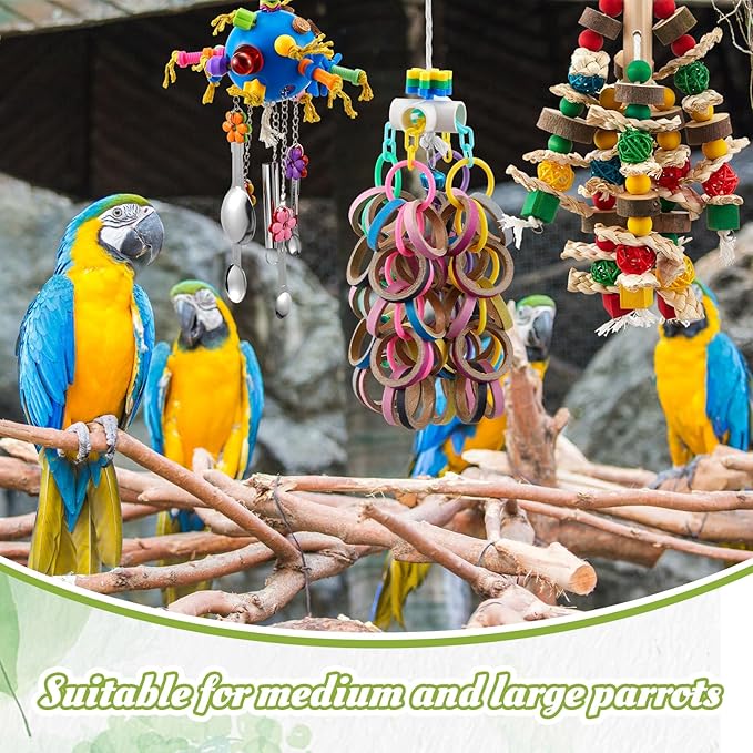 3 Pcs Extra Large Bird Parrot Toy Multicolored Natural Wooden Parrot Cage Chewing Toys for Large Medium Macaws Cockatoos African Grey Birds (Ring and Ball)