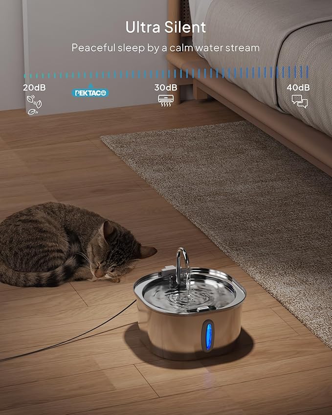 PEKTACO Stainless Steel Cat Water Fountain, 3.2L/108oz Cat Water Dispenser with Quiet Water Pump and Water-Level Window, Dishwasher Safe Pet Drinking Fountain for Cats with 6 Filters + 6 Sponges