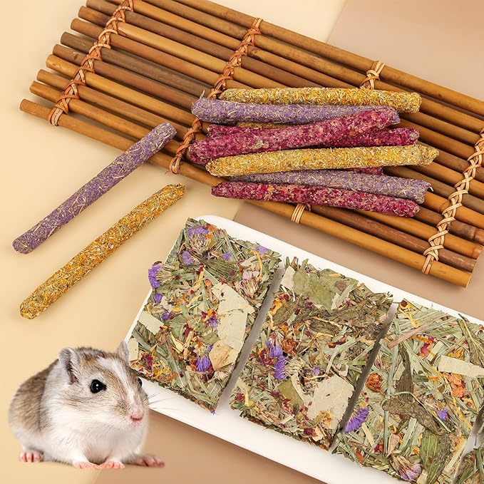 Abizoo 16 Packs Bunny Flower Chew Toys, Natural Rabbit Sticks + Herbal Floral Scent Timothy Hay Treats for Guinea Pig Chinchilla Hamster Rat Degus Gerbil Food Molar Cage Accessories Snack