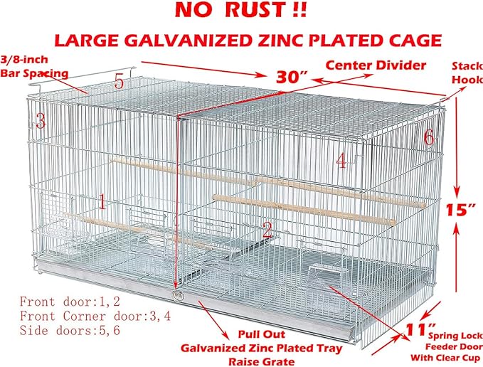 Combo: Large NO Rust Stainless Galvanized Stack and Lock Double Breeder Cage Bird Breeding Cage with Removable Center Divider Side Nest Box Doors Removabel Rolling Stand
