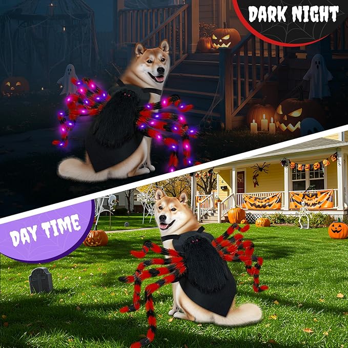 OurWarm Large Dog Halloween Costume, Dog Spider Costume with 64 LED Purple Lights, Furry Funny Halloween Costumes for Large Dogs Pets Clothes Puppy Outfits Cosplay Halloween Party Decor