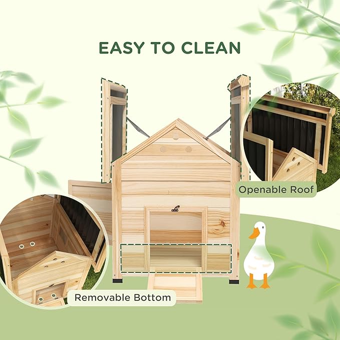 PawHut Duck Coop, Wooden Chicken Coop, Duck House with Openable Roof, Double Doors, Removable Base for 1-3 Ducks, Chickens, 31" L, Natural Wood