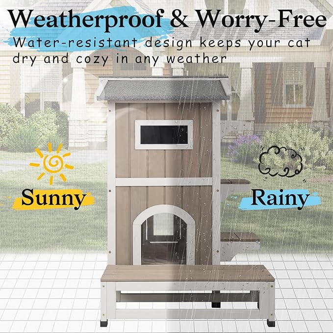 PetsCosset Outdoor Cat House Feral Cats Shelter Weatherproof with Balcony, 2-Story Wooden Outside Pet C at House with Openable Roof, 4 Door, 2 Platforms