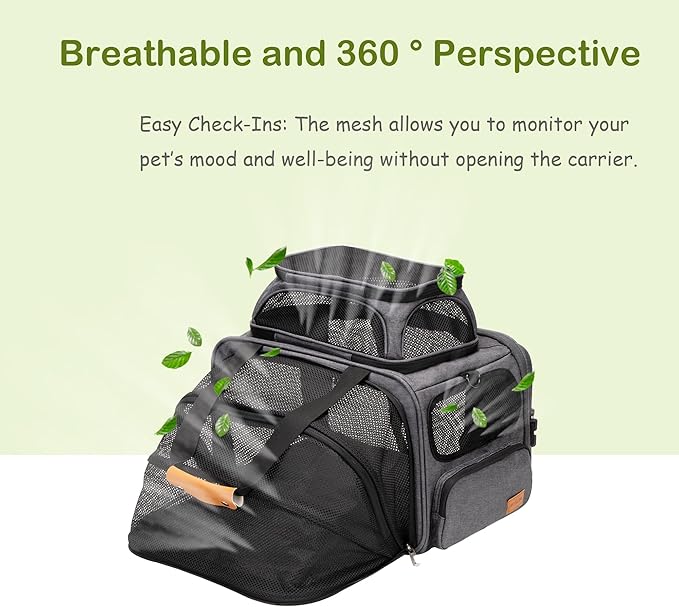 Expandable Pet Carrier Bag - Airline-Approved, Breathable Mesh, Secure Zippers, Padded Handle & Multi-Pockets (Light Grey)