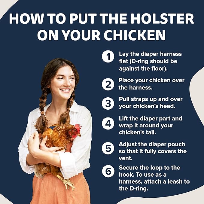Hen Holster Bird Diaper, Wrap Around - for Hens, Roosters, Ducks, Leak-Proof Design, Comfortable Fleece Strap Bird Harness with Sewn-in Liner, Secure Hook and Loop Closure - Large, Denim