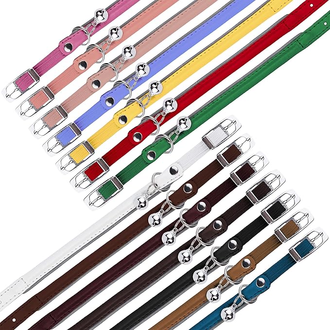 OOPSDOGGY Rolled Leather Cat Collar with Bell, Reflective Kitten Collars with Buckle Include Safety Elastic Strap - Adjustable Small Pet Collars for Boy Girl Cats (Black)