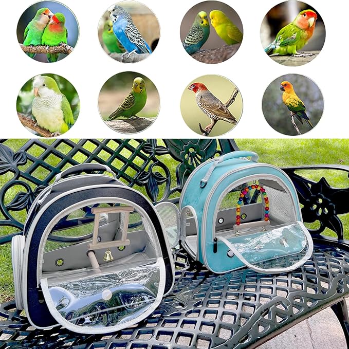 Parrot Travel Cage Carrier with Bird Cage Bells Mirror Set,Portable Small Bird Parakeet Bag with Standing Perch and Comfy Mat Bird Carry Transport Bag with Clear Window Outdoor Adventure