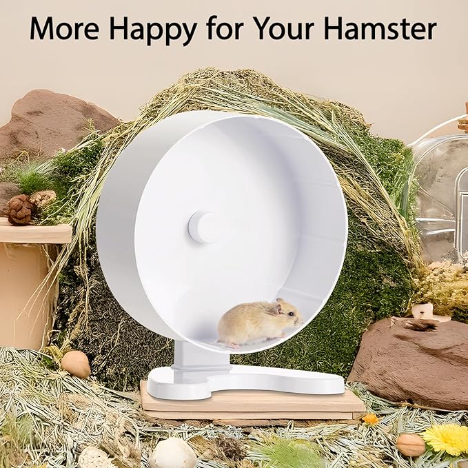 Super Silent Hamster Wheel, 8.5 Inches Small Animal Exercise Wheel for Gerbil, Syrian & Dwarf, Chinchilla Wheel with Stable Stand, White
