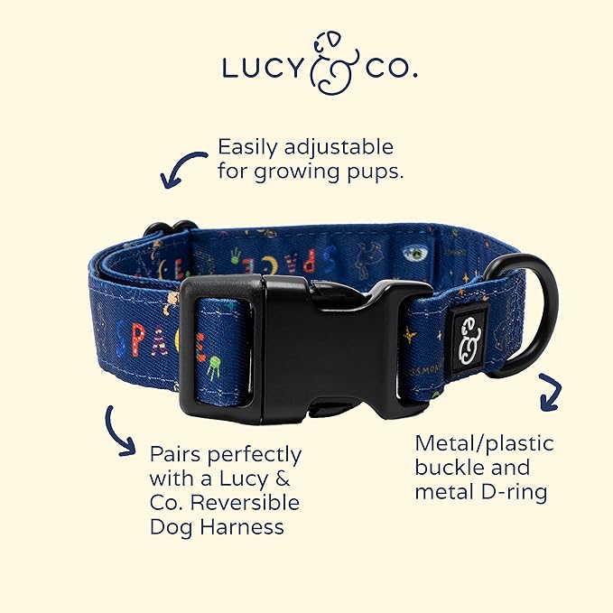 Lucy & Co. Space Doodle Dog Collar - Durable Lightweight Designer Collar for Pets - Adjustable Metal Safety Buckle - Navy Outerspace Icons - Large