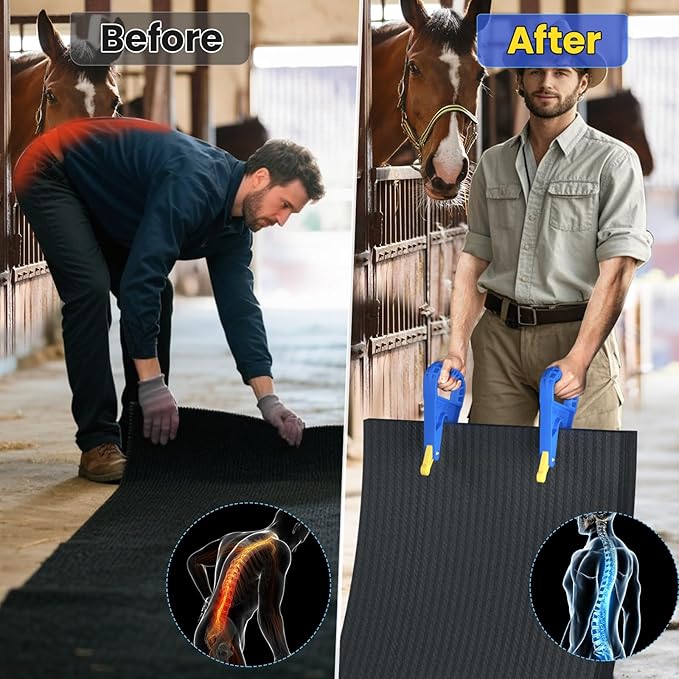 Pair of Mat Movers, Horse Stall Mat Grippers with Auto Rebound Locks, Heavy Duty Mat Handling Tool for Gym, Stable & Farm, 300LBS Capacity, Ergonomic & Reduces Back Strain, Time and Labor Saving