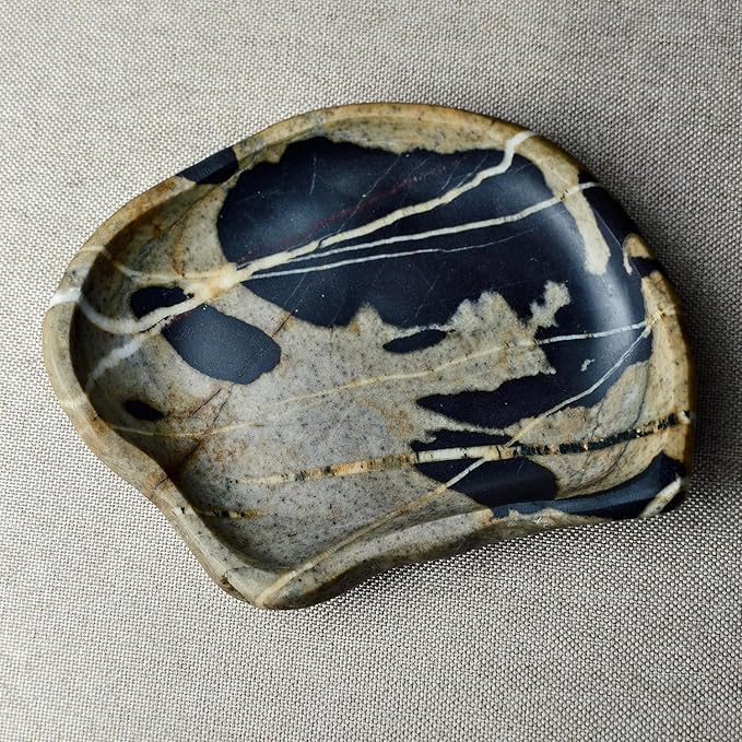 Natural River Stone Reptile Food Bowl - Handmade Pebble Dish for Reptiles, Amphibians, Hedgehogs, and Small Pets - Unique Size, Shape & Color - Water & Food Bowl (Brown)