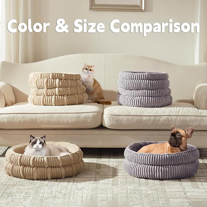 Dog Beds for Small Dogs, Puppy Kennel Bed - Round Cat Beds for Indoor Cats,Comfy Durable Pet Sleeping Bed, Washable Deluxe Plush Kitten Bed & Non-Slip Bottom, Beige 24" L x 24" W x 9" Th